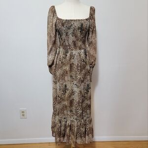 Betsey Johnson Brown Snakeskin Boho Long Sleeve Maxi Dress Size Small